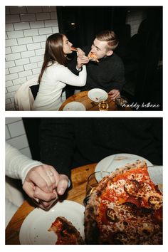 two people sitting at a table eating pizza