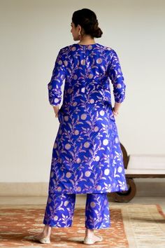 Blue handwoven straight kurta with brocade floral jaal detail. Paired with a coordinating straight pant and a hand embroidered dupatta. - Aza Fashions Designer Brocade Palazzo Set With Straight Kurta, Traditional Straight Kurta Palazzo Set In Brocade, Traditional Brocade Palazzo Set With Straight Kurta, Festival Straight Kurta Brocade Palazzo Set, Diwali Brocade Palazzo Set With Straight Kurta, Festival Brocade Palazzo Set With Straight Kurta, Brocade Salwar Kameez With Zari Weaving And Straight Kurta, Brocade Salwar Kameez With Zari Weaving, Traditional Wear With Gota Work In Brocade