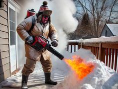 a man in winter gear using a snow blower to extinguish fire