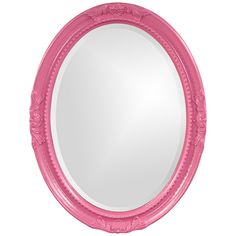 a pink round mirror on a white wall with an ornate border around the edges and sides