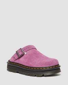 Zebzag Suede Slingback Platform Mule in Muted Purple | Dr. Martens Doc Martin Mules, Purple Dr Martens, Muted Purple, Soft Leather Boots, Heels Patterns, Gladiator Shoes, Half Boots, Mule Shoes, Platform Mules