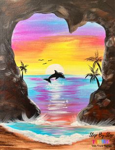 an acrylic painting of a dolphin jumping out of the water at sunset with palm trees