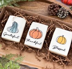 three decorated cookies in a box with pine cones, pumpkins and acorns