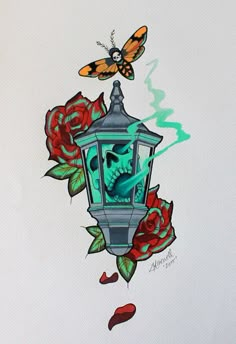 a drawing of a lantern with roses and a skull on it