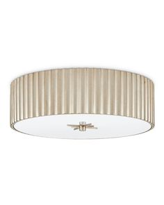 a white ceiling light with a beige pleated shade on the bottom and a silver strip around it