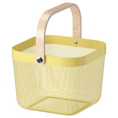 a yellow basket with wooden handles on a white background