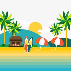 an image of a beach scene with palm trees and surfboards in the foreground