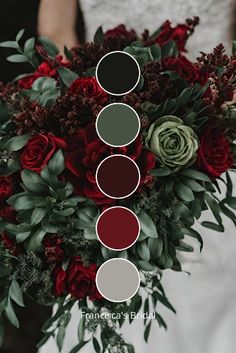 a bride holding a bouquet with red roses and greenery in the center, surrounded by three color palettes