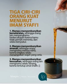 a person pouring orange juice into a small cup with the words tiga ciri - ciri on it