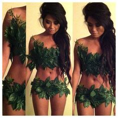 two pictures of a woman with leaves on her body