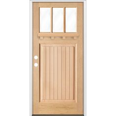 a wooden door with glass panels on the top and bottom panel, in front of a white background