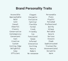 the words that describe brand personality are in different font styles and colors, along with their corresponding meanings