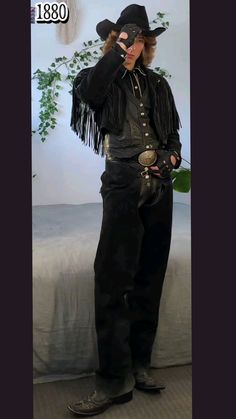 1880s inspired outfit. Credits goes to the original creator. Authentic Cowboy Outfit, Cowboy Fashion Aesthetic, Cowboy Prom Outfit, Long Haired Cowboy, Cowboy Black Outfit, All Black Cowboy Outfit For Men, Winter Cowboy Outfit, Black Cowboy Outfit, Evil Cowboy