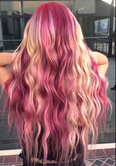 Platinum Blonde Hair With Peak A Boo, Blonde Pink And Red Hair, Maroon Hair With Pink Highlights, Mixed Pink Hair, Hairdye Ideas Blonde, Platinum Blonde Hair With Brown Under, Vibrant Hair Color Ideas Blondes, Easter Hair Color Ideas, Colored Streaks In Blonde Hair