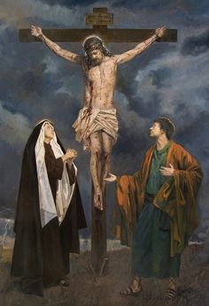 a painting of jesus on the cross with two women standing next to him and looking at him