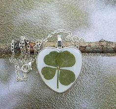 This listing represents beautiful, high quality classic pendant necklaces made with real pressed 4-leaf clover (Trifolium repens) and preserved in jeweler's grade UV-stable ECO resin in heart shaped silver bezel.  Measuring:  ~ bezel is about 1 inch long and 1 inch wide, or appr. 25 mm x 25 mm    ~ silver plated chain with lobster clasp 18" long (45.6 cm) ♥ PLEASE NOTE ♥: the color of the leaf may vary slightly depending on your monitor and/or computer settings. 🍀 4-leaf clover will bring you l Silver Heart Jewelry With Pressed Flowers, White Heart Jewelry With Pressed Flowers, Leaf Shaped Pressed Flowers Jewelry Gift, Clover Heart Necklace, White Heart-shaped Jewelry With Pressed Flowers, Heart-shaped Silver Jewelry With Pressed Flowers, Leaf-shaped Pressed Flowers Jewelry Gift, Heart-shaped Pressed Flowers Jewelry For Keepsake, Silver Heart-shaped Jewelry With Pressed Flowers