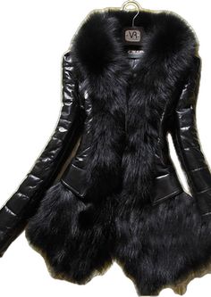 Black Fitted Faux Leather Outerwear, Fitted Black Faux Leather Outerwear, Black Faux Leather Outerwear For Party, Black Leather Jacket For Winter Party, Winter Faux Leather Outerwear With Faux Fur Trim, Winter Party Faux Leather Outerwear, Winter Faux Leather Long Coat, Winter Black Faux Leather Outerwear, Black Faux Fur Outerwear For Spring