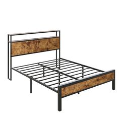 a metal bed frame with wooden headboard and foot board on the bottom side, against a white background