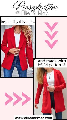 The ultimate DIY - find something you love and sew it yourself! This inspired sew was made using our new Elevated Blazer Jacket Pattern. The sewist used her measured shoulder size, but sized up for the rest of the pattern and then lengthened the jacket. I love how it turned out! How about you? 😀Click to see this pattern on our website, and dont forget to save this inpiration to your sewing board. Ellie And Mac, Chic Blazer, Jacket Pattern, Pdf Sewing Patterns, Stretch Denim, Red Leather Jacket, Casual Chic, Blazer Jacket, Make Your Own