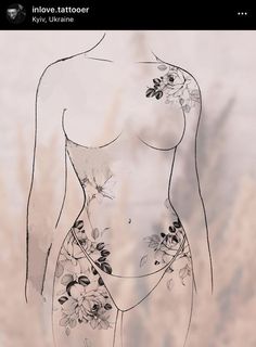 a drawing of a woman with flowers on her body