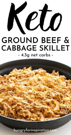 keto ground beef and cabbage skillet in a black pan with text overlay