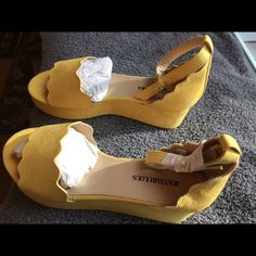 Purchased These Shoes On Poshmark. They Are Marked As A Size 5 1/2 But Fit Like A Size 6. Brand New - Beautiful Shoes. Only Selling Because They Are Too Large For Me. Yellow Open Toe Sandals Medium Width, Yellow Medium Width Open Toe Sandals, Flat Suede Summer Heels, Yellow Suede Sandals For Summer, Yellow Suede Sandals For Spring, Yellow Sandals, Just Fab Shoes, Justfab Shoes, Beautiful Shoes