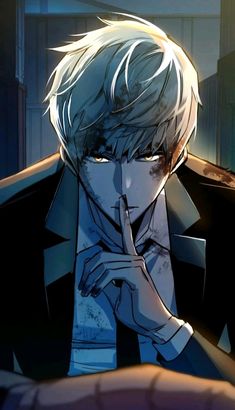 an anime character with blonde hair is looking down at his hand on his chin, while he