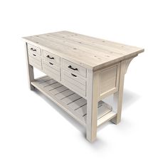 a white wooden table with drawers and shelves