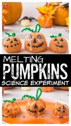 melting pumpkins science experiment for kids with text overlay that reads melting pumpkins science experiment