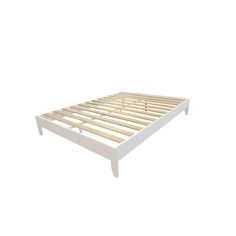 a white bed frame with wooden slats on the top and bottom rails, against a white background