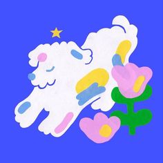 an image of a sheep laying on its back with flowers in the foreground and stars above it