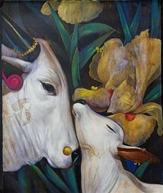 a painting of two white cows with yellow flowers in the back ground and one has its nose to another cow's head