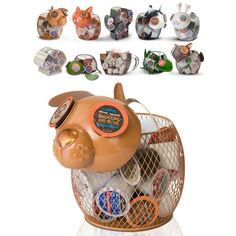 an animal shaped toy in a basket with many different colors and shapes on the sides