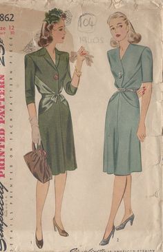 ~ Circa/Date: 1943 ~ Details:   Two style variation DRESS ~ Size/Measurements:     ~ Size: 12   ~ BUST: 30″   ~ Waist: 25″    ~ Hip: 33″  (Inches) ~ Please Note: ~ You are buying a 'Professional Reproduced' copy of this sewing pattern. Copied from the original sewing pattern. Produced in Full Scale Pattern Pieces ready to cut with full instructions included. Reproduced on high quality 50 gm paper with black ink, durable and easier for reuse. Printed by a Professional Printing Company.   ~ With this product comes an accompanying 'Booklet' and inside the Booklet it includes: ~ A 2-page Instructions and Illustrations on 'How to Adjust Your pattern to your Personal Measurement.' ~ Personal Measurement Chart ~ Body Form Illustrations ~ Fitting Checklist ~ Metric Equivalency Chart ~ Note Pages ~ Wartime Fashion, 1940 Fashion, 50 Dress, Sewing Vintage, Glass Menagerie, Fashion 1940s, 1940s Style, Fur Coat Vintage, Scale Pattern