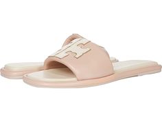 Tory Burch Double T Sport Slide - Women's Shoes : Shell Pink/New Cream/Spark Gold : Slip right into style and comfort with Tory Burch Double T Sport Slides! Upper, lining, and insole made of leather material. Slip-on construction. Iconic Tory Burch double T logo on vamp. Open snip-toe silhouette. Man-made outsole. Imported. Measurements: Weight: 7 oz Product measurements were taken using size 9, width M. Please note that measurements may vary by size. Weight of footwear is based on a single item Casual Tan Sandals With Leather Lining, Casual Tan Sandals With Leather Sole, Luxury Leather Slides, Pink Open Toe Slides For Sports, Pink Leather Slides, Pink Leather Slides With Leather Footbed, Pink Leather Slides With Branded Insole, Tory Burch Bubble Slides, White Tory Burch Sandals