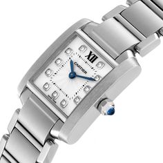 Cartier Tank Francaise Small Steel Diamond Dial Ladies Watch WE110006. Quartz movement. Rectangular stainless steel 20 x 25 mm case. Octagonal crown set with a blue spinel cabochon. . Scratch resistant sapphire crystal. Silver guilloche dial with original Cartier factory diamond hour markers. Sword shaped blued steel hands. Stainless steel bracelet with double deployant clasp. Will fit up to 6 1/4" wrist. Cartier Tank Francaise, Tank Watch, Blue Spinel, Patek Philippe Aquanaut, Card Model, Small Lady, Rolex Air King, Cartier Tank, Box Card