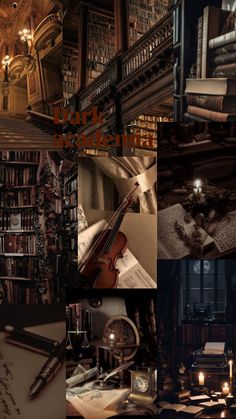 a collage of photos with books and instruments