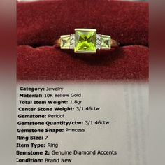 Solid 10k Yellow Gold Ring With Natural Peridot And Diamonds. Size 7, Sizable. New, Unused. Formal Yellow Multi-stone Diamond Ring, Yellow Diamond Ring In 14k Gold, 14k Gold Yellow Diamond Ring, Fine Jewelry Yellow Diamond Gemstones, Yellow 14k Gold Diamond Ring, Formal Green Citrine Jewelry, Yellow Multi-stone Diamond Ring In Fine Jewelry Style, Yellow Multi-stone Diamond Ring Fine Jewelry, Yellow Diamond Fine Jewelry Gemstones