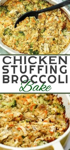 chicken stuffing broccoli casserole in a white dish