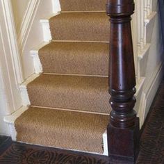 a dog is sitting on the carpeted stairs