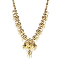 Virani Jewelers introduces a 22k antique gold temple necklace that celebrates the rich tradition of Indian jewelry. With its radiant rubies, emeralds, and sparkling cubic zirconia, this beautiful 22k gold necklace embodies the perfect harmony of color and craftsmanship. The antique finish adds a unique charm, making this piece of Indian gold jewelry a timeless addition to your collection. Whether worn for festive events or formal gatherings, this necklace offers a sophisticated and elegant statement of luxury.Features• 22k yellow gold• Antique finish• Engraved details• Ruby • Pearl• Cubic zirconiaSpecifications:• Minimum Width - 4.5 millimeters• Maximum Width - 60 millimeters• Length - 28 inches• Weight - 94.9 grams Luxury Gold Temple Necklace For Statement Jewelry, Light Weight Guttapusalu Necklace Gold, Luxury Traditional Temple Necklace With Cutdana, Luxury Yellow Gold Temple Necklace For Festivals, Luxury Elegant Temple Necklace For Festivals, Luxury Traditional Yellow Temple Necklace, Luxury Temple Necklace For Festivals, Luxury Temple Jewelry Necklace As Statement Piece, Luxury Ruby Temple Necklace With 17 Jewels