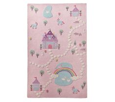 a pink unicorn castle play mat with white clouds and rainbows on it