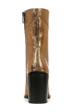 A rounded square toe perfects the look of this snakeskin-embossed block-heel boot that's a chic way to step out on the town. 3 1/2" heel 7" shaft Side zip closure Synthetic upper, lining and sole Imported Gold Leather Heeled Boots With Reinforced Heel, Metallic Leather Heeled Boots With Pointed Toe, Trendy Gold Leather Boots, Chic Metallic Heeled Boots For Fall, Metallic High Heel Leather Boots, Rounded Square, Heel Boot, Block Heel Boots, Nordstrom Store