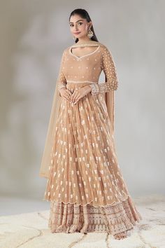 Beige anarkali with white floral embroidered buttis. Comes with coordinating embroidered sharara and bordered dupatta. - Aza Fashions Beige Anarkali, Astha Narang, Mithila Palkar, Embroidered Sharara, Adah Sharma, Embroidered Anarkali, Diana Penty, Eid Party, Kareena Kapoor Khan