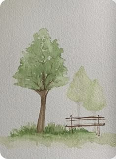 a watercolor painting of a tree and bench in the grass with trees behind it