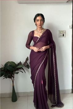 #ad ready to wear pleated saree Fancy Georgette Blouse Designs, Georgette Sarees For Farewell, Saree Outfit Ideas For Farewell, Blouse Ideas For Georgette Saree, Farewell Sarees Blouses Designs, Wine Color Blouse Design, Pastel Color Saree For Wedding, Farwell Idea Dress Saree, Pastel Saree Look