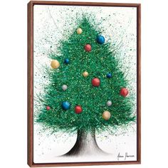 a drawing of a green christmas tree with ornaments on it's branches and sprinkles