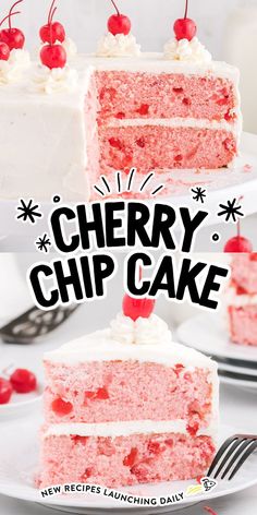 This decadent two-layer cherry chip cake is everything dreams are made of: beautiful pink cake, velvety frosting, and sweet bursts of cherry flavor.