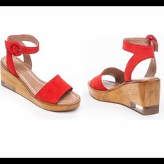 Bernardo Kate Platform Wedge Sandal Suede Red Wooden Wedge Platform Sandals Tomato Split Color Size 7 New Summer Wedge Sandals With Red Sole And Ankle Strap, Summer Ankle Strap Wedge Sandals With Red Sole, Summer Wedge Sandals With Red Sole And Open Toe, Summer Red Sole Open Toe Wedge Sandals, Summer Open Toe Wedge Sandals With Red Sole, Red Ankle Strap Wedge Sandals With Removable Insole, Beach Wedge Sandals With Red Sole And Round Toe, Chic Summer Wedge Sandals With Red Sole, Red Platform Wedge Sandals For Summer