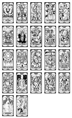 an image of the taroti card game in black and white, with many different characters